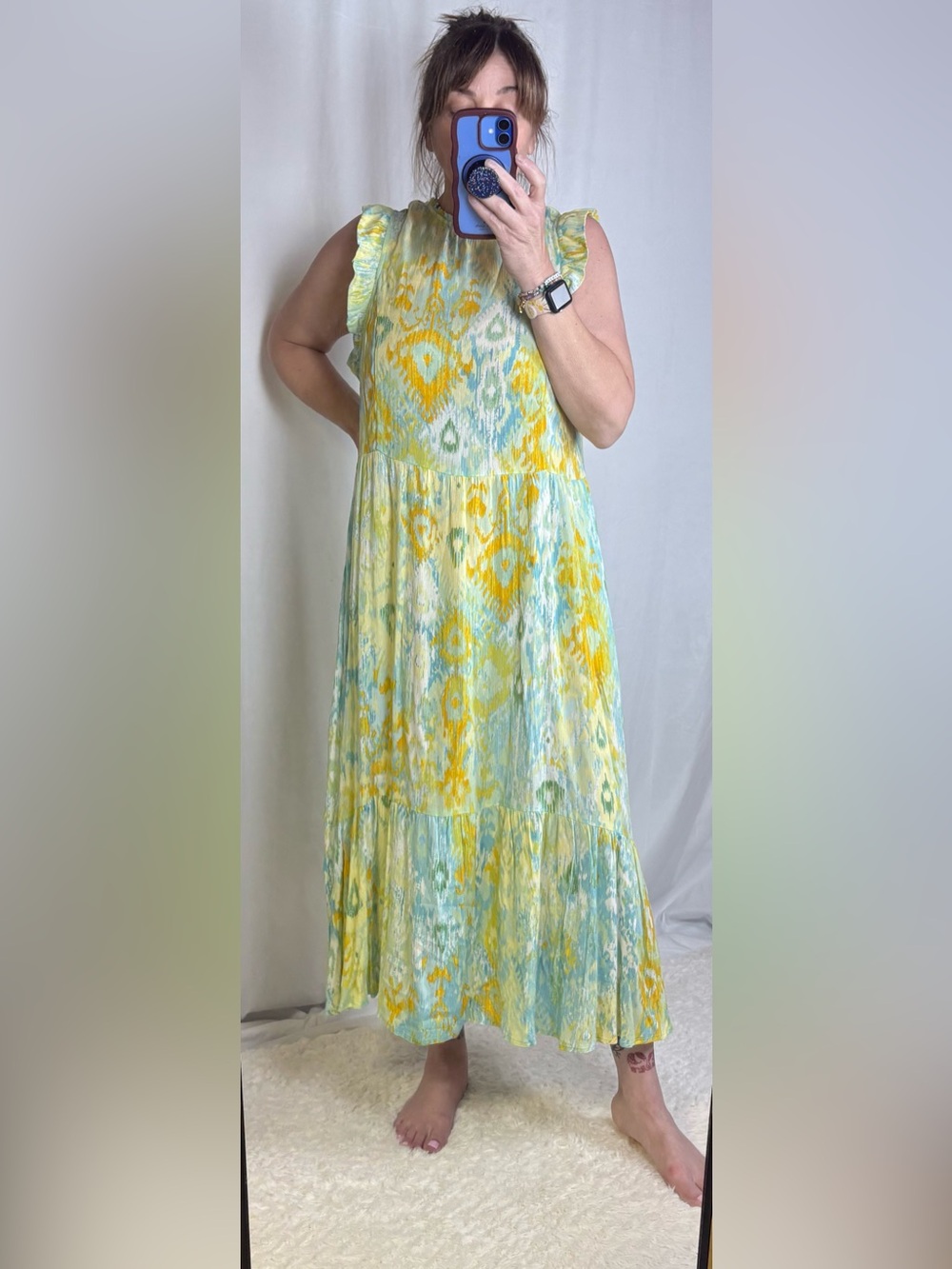QVC Yellow & Aqua Ikat Tiered Maxi Dress